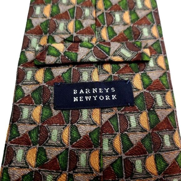 Barney's New York‎ Brown Green Geometric Abstract Short Silk Tie Woven - Picture 3 of 7